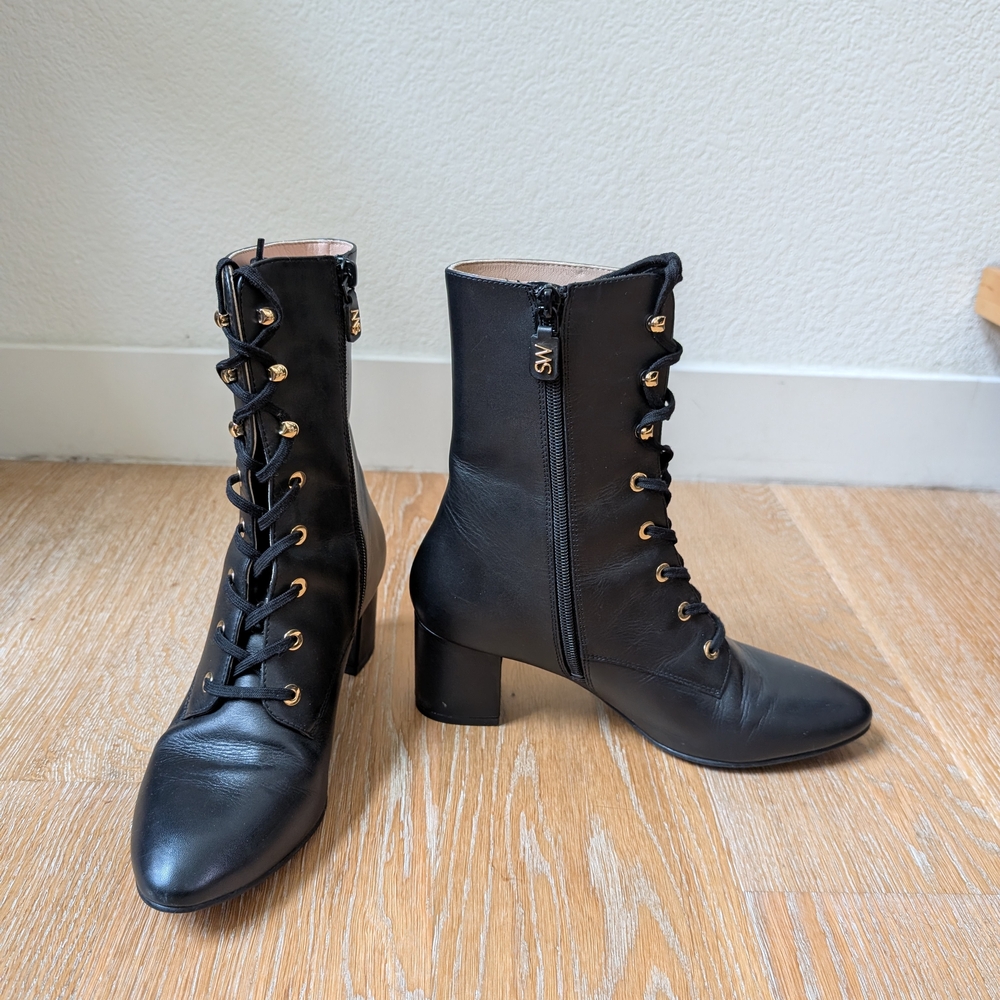 Stuart Weitzman Black Lace-Up Boots with Gold Accents